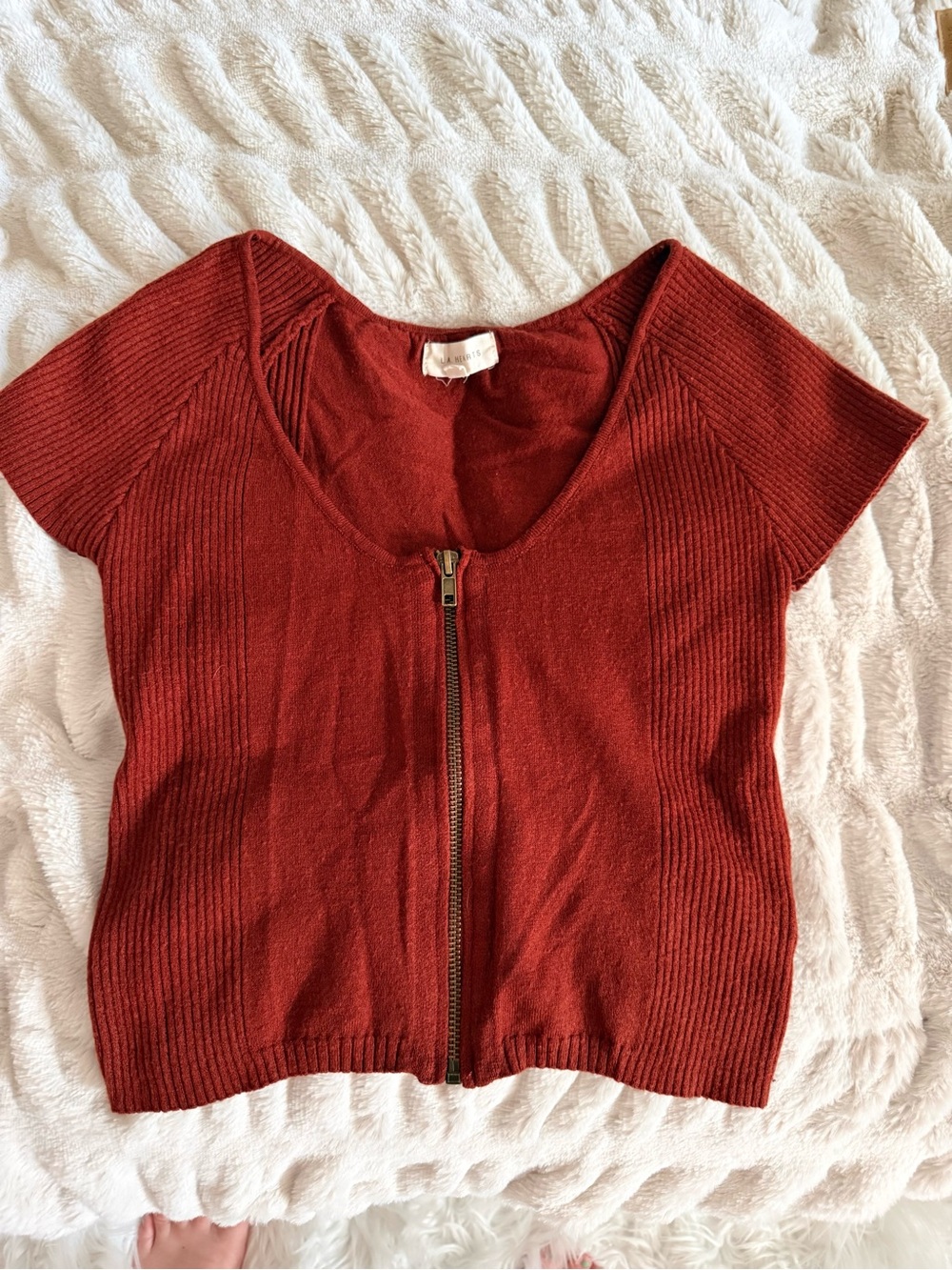 Women's Rust Zip-Front Short Sleeve Knit Top